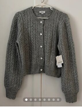 CeCe Gray Cable Knit Heart-Button Cardigan Sweater